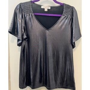 Michael Kors women's Small shimmery V-Neck silver Dolman sleeve C 19" Len 23"